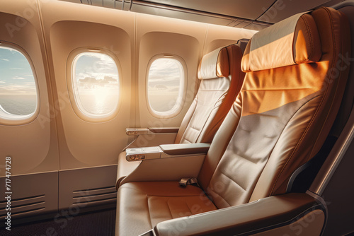Window Seat View on Airplane with Golden Sunlight © Sariyono