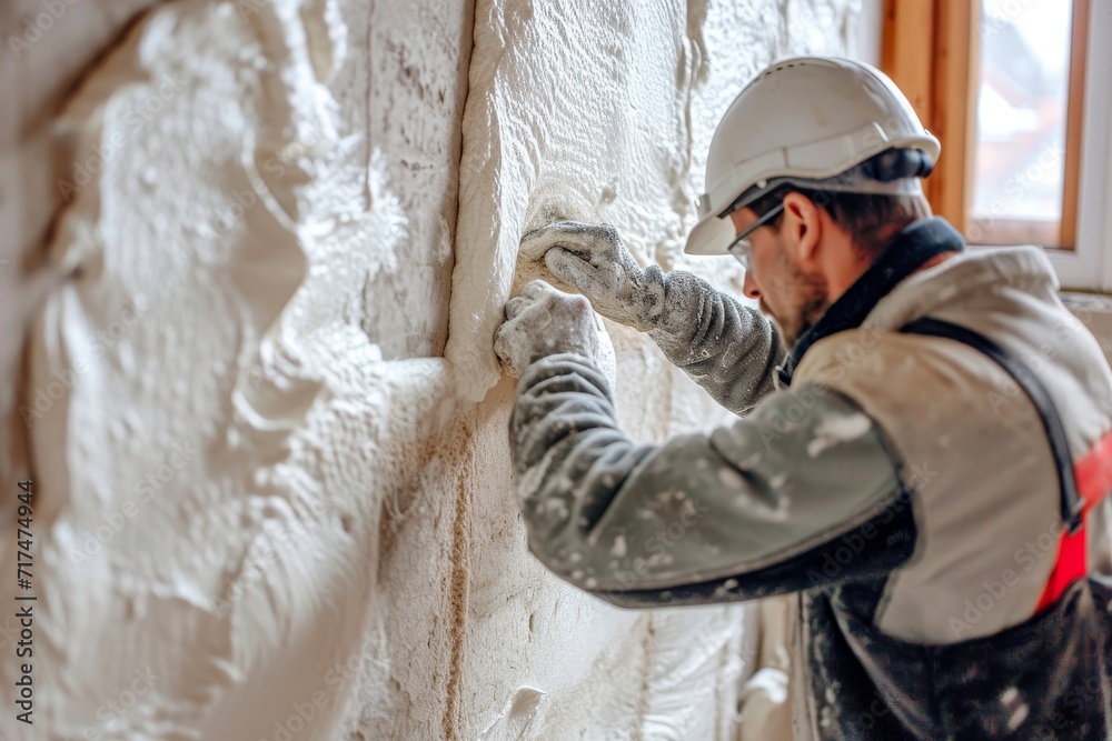The worker insulates the wall of the house with foam.