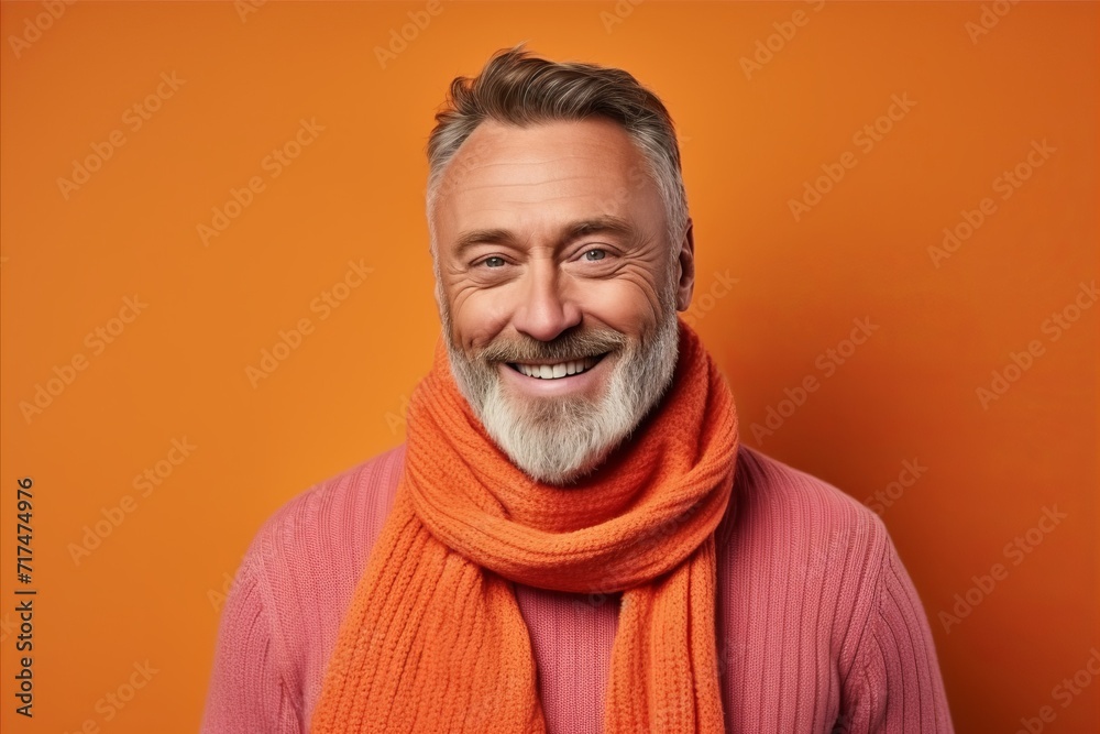 Portrait of smiling senior man in scarf and sweater on orange background Portrait of smiling senior man in scarf and sweater on orange background