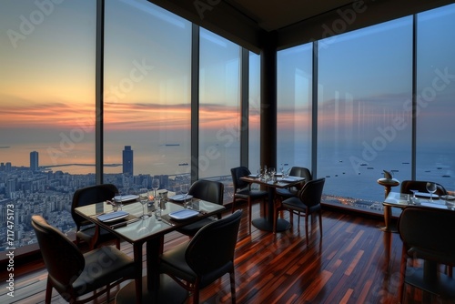 Panoramic hotel restaurant overlooking the ocean or cityscape.