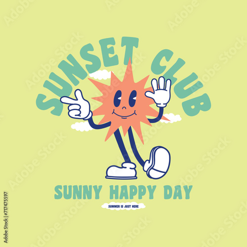 Retro Sunset Club slogan print with character illustration  for graphic tee t shirt or poster sticker