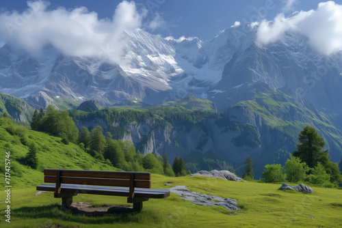 Scenic Alpine Landscape with Bench Overlooking Mountains