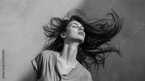 playful and carefree moment captured as a model tosses her hair in mid-motion photo