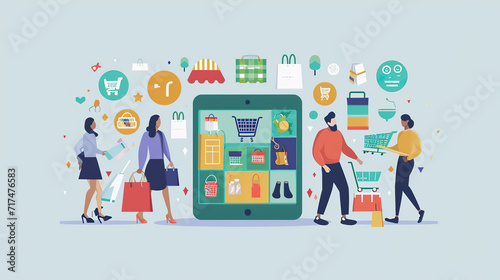 illustrating a diverse group of people engaging in online shopping activities