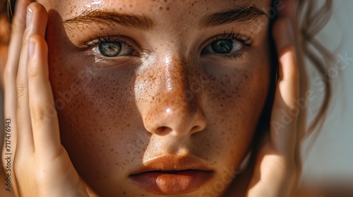 Close-up of Woman's Eye with Freckles ,Detailed close-up of a young woman's eye, highlighted by natural freckles and soft sunlight.