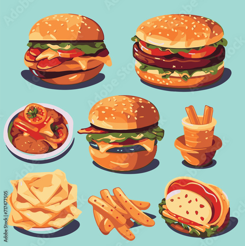 Vector illustrations of menu items like burgers, pizzas, sushi, and pasta to help design restaurant menus