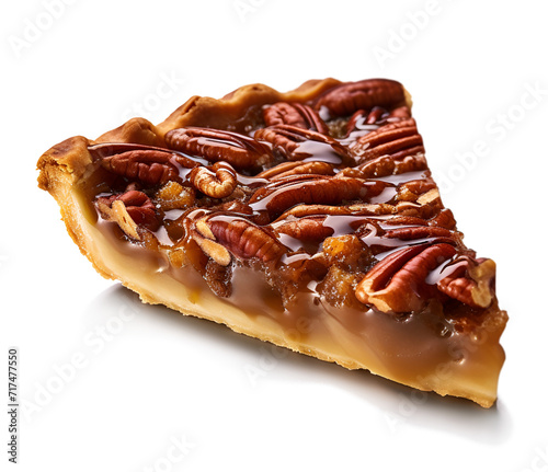 One piece of pecan pie, side view. Isolated photo