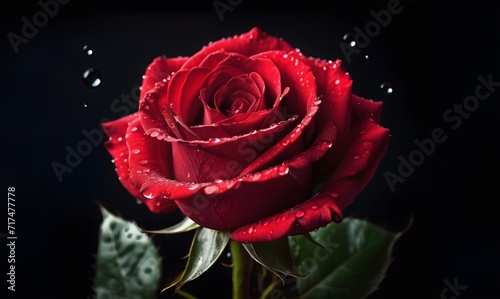 A single red rose with water droplets on it 