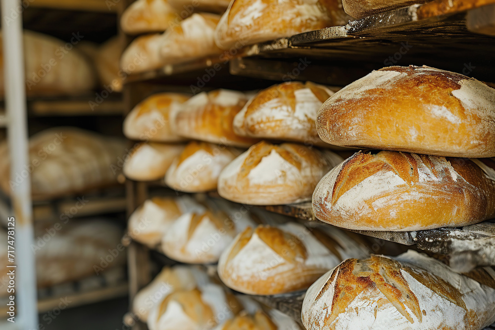 Fresh bread in artisanal bakery. Bread baking production