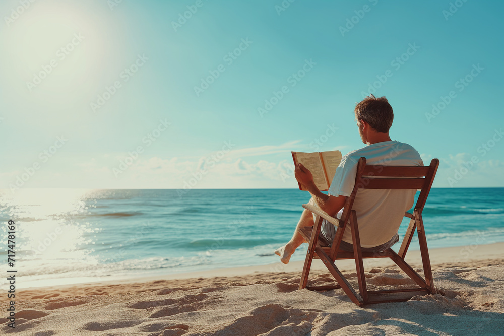 View from behind of man awakening with ocean view. Beautiful morning light Woman relaxing by the sea summer concept