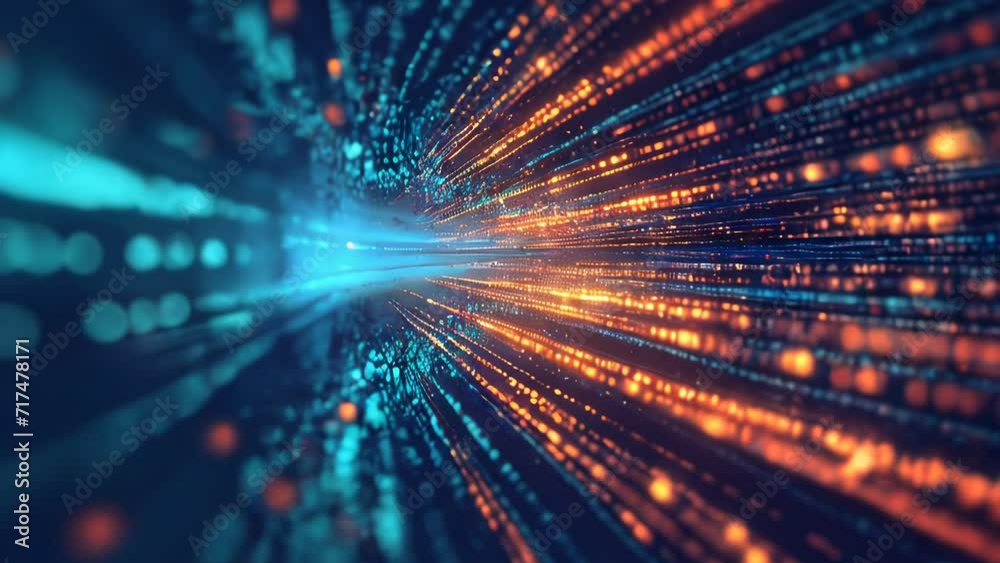 Blue and orange lights form a matrix of points, representing the flow of data as a fast-moving tunnel.

