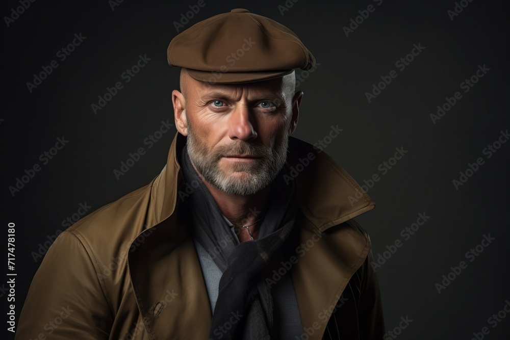 Portrait of a stylish mature man in a beret and coat.