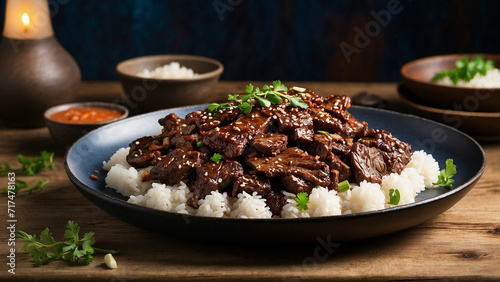 a side view shot of Mongolian Beef served on a weathered wooden table and highlight the perfectly seared beef, bathed in a rich