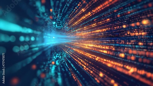 Blue and orange lights form a matrix of points, representing the flow of data as a fast-moving tunnel.
