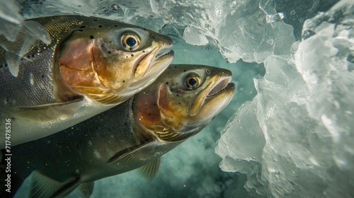 Closeup of the intimate moment between two arctic char their bodies intertwined as they swim side by side in the crystalclear waters beneath the thick ice.