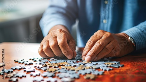 Senior man with a puzzle, concentration on connecting the pieces.