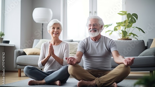 Senior couple practicing yoga together in a serene home environment.