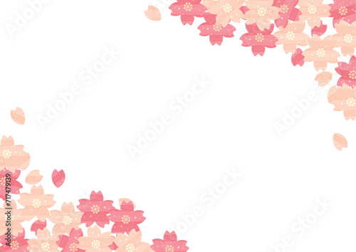 水彩の桜と桜の花びらが舞い散るフレーム_角飾り_横