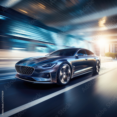 Enhanced turbocharged engine in a sleek sedan under diffused soft lighting, emphasizing speed