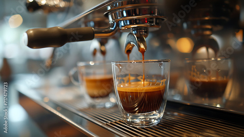 espresso preparation according to a classic recipe in an Italian coffee machine. Generative AI illustration  photo