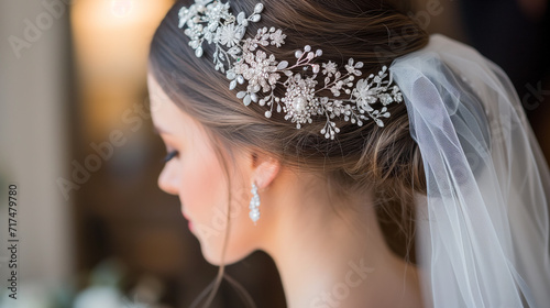 Closeup of bridal tiara crown and complete hair style. photo