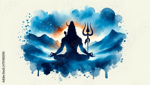 Watercolor illustration of lord shiva silhouette .