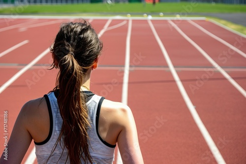 athlete woman preparing for race: focus on determination and goals on a sunny day at the track