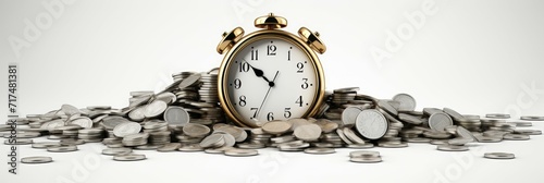 Pile of coins with an alarm clock, concept of time and money management.