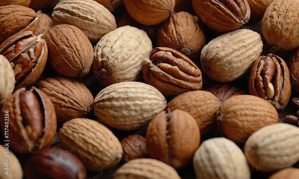 Walnuts and pecan nuts on wooden background, close-up, Generative AI Walnuts and pecan nuts on wooden background, close-up, Generative AI