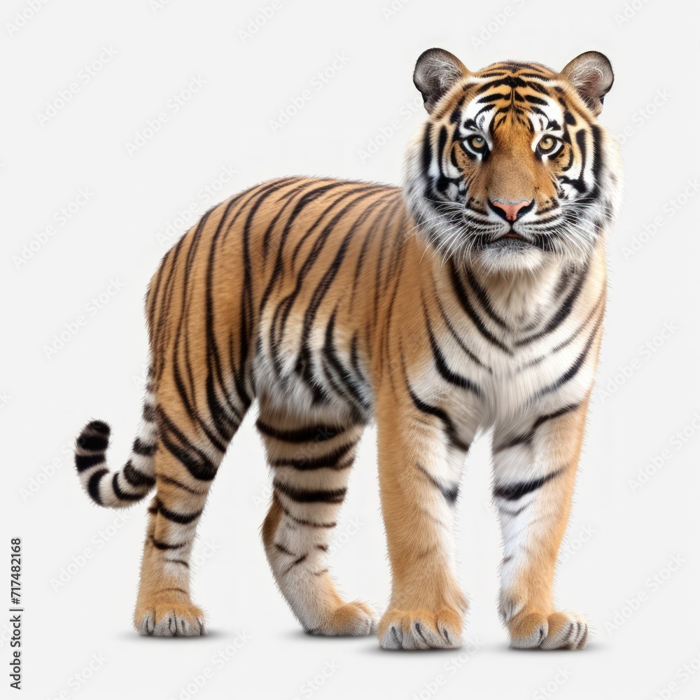 A full-body shot of a tiger on a white background.