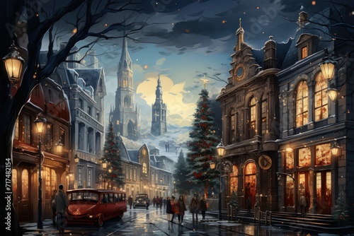 A bustling city square during the festive holiday season, with twinkling lights, street performers, and a giant Christmas tree, minimal illustration