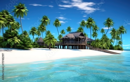 A house that stands on an island with white sand and green coconut trees growing. Generative AI © original logo