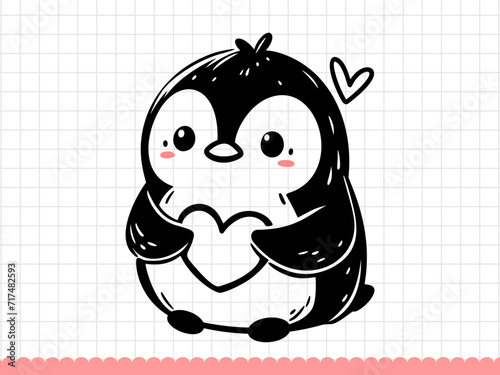 Doodle outline penguin holding heart. Vector illustration.