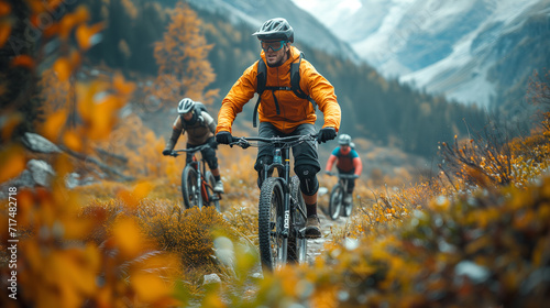 Seniors racing on mountain bikes in off road conditions. Autumns season racing. © Jammy Jean