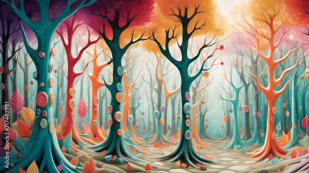 Whimsical Forest Landscape with Vibrant Trees and Bright Leaves - Fantasy Nature Background