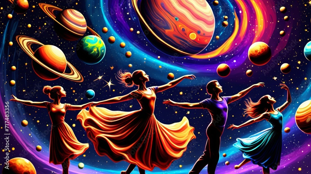 Elegant Dancers in Vibrant Dresses Dancing Among Colorful Planets and Stars in a Cosmic Space Background