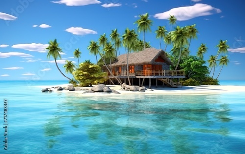 An island with coconut trees and a house in the middle. Generative AI