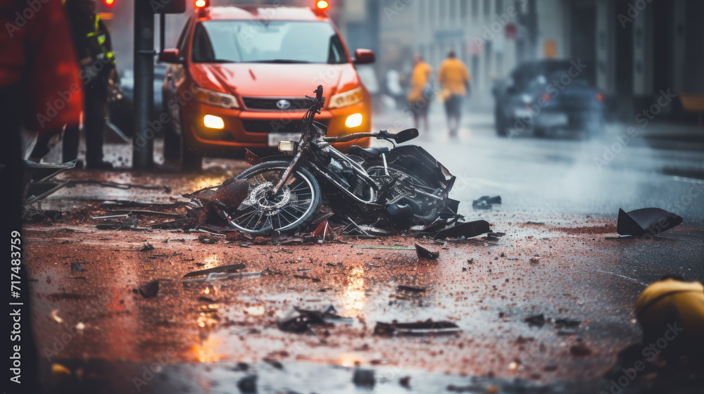 car and motorcycle accident at an intersection of city streets