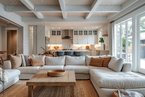 Modern living room interior design in a coastal style property. Generative Ai.