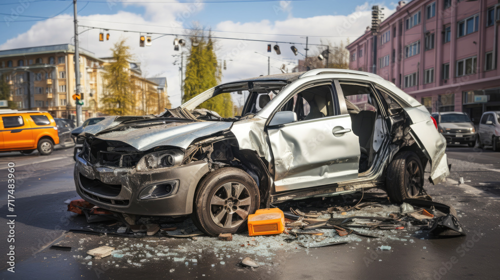 Fototapeta premium car and motorcycle accident at an intersection of city streets