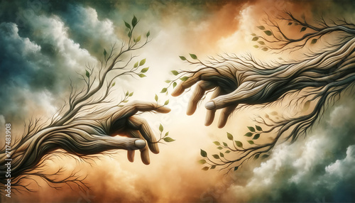 An artistic representation of human hands and tree branches reaching towards each other