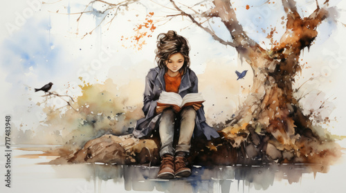 Watercolor of a woman reading under an autumn tree photo
