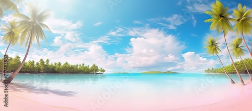 A beach with clear light blue water and clear skies and palm trees on the edge © original logo