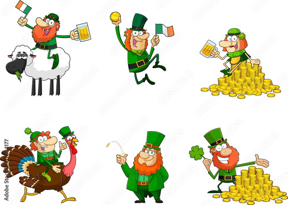 Lucky Leprechauns Cartoon Characters. Vector Hand Drawn Collection Set Isolated On Transparent Background