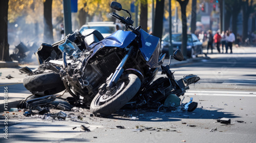 car and motorcycle accident at an intersection of city streets