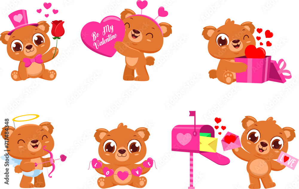 Cute Valentine Bear Cartoon Character. Vector Flat Design Collection Set Isolated On Transparent Background Cute Valentine Bear Cartoon Character. Vector Flat Design Collection Set Isolated On Transparent Background