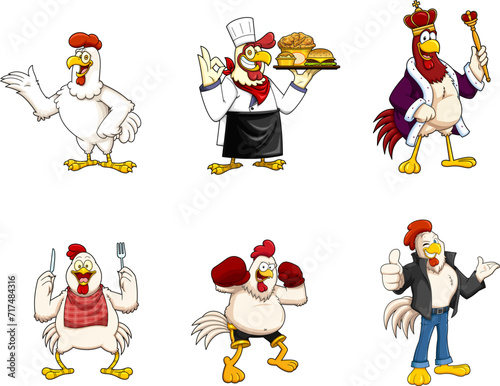 Chicken And Rooster Cartoon Mascot Characters. Vector Hand Drawn Collection Set Isolated On Transparent Background