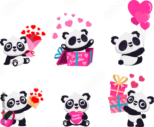 Fototapeta Naklejka Na Ścianę i Meble -  Cute Valentine Panda Bear Cartoon Character. Vector Flat Design Collection Set Isolated On Transparent Background