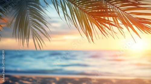 A view of the beach in the afternoon with Palm trees on the side. Generative AI © original logo