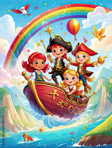 Adorable children's storybook illustration - Magical friendship and adventurous pirates on a cheerful holiday adventure Gen AI